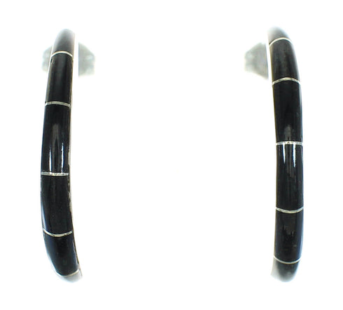 Sterling Silver And Jet Inlay Southwestern Post Hoop Earrings WX66621